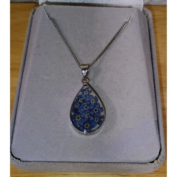 Teardrop Blue Dried Flower Pendant Epoxy Resin From Mexico - Picture 1 of 2